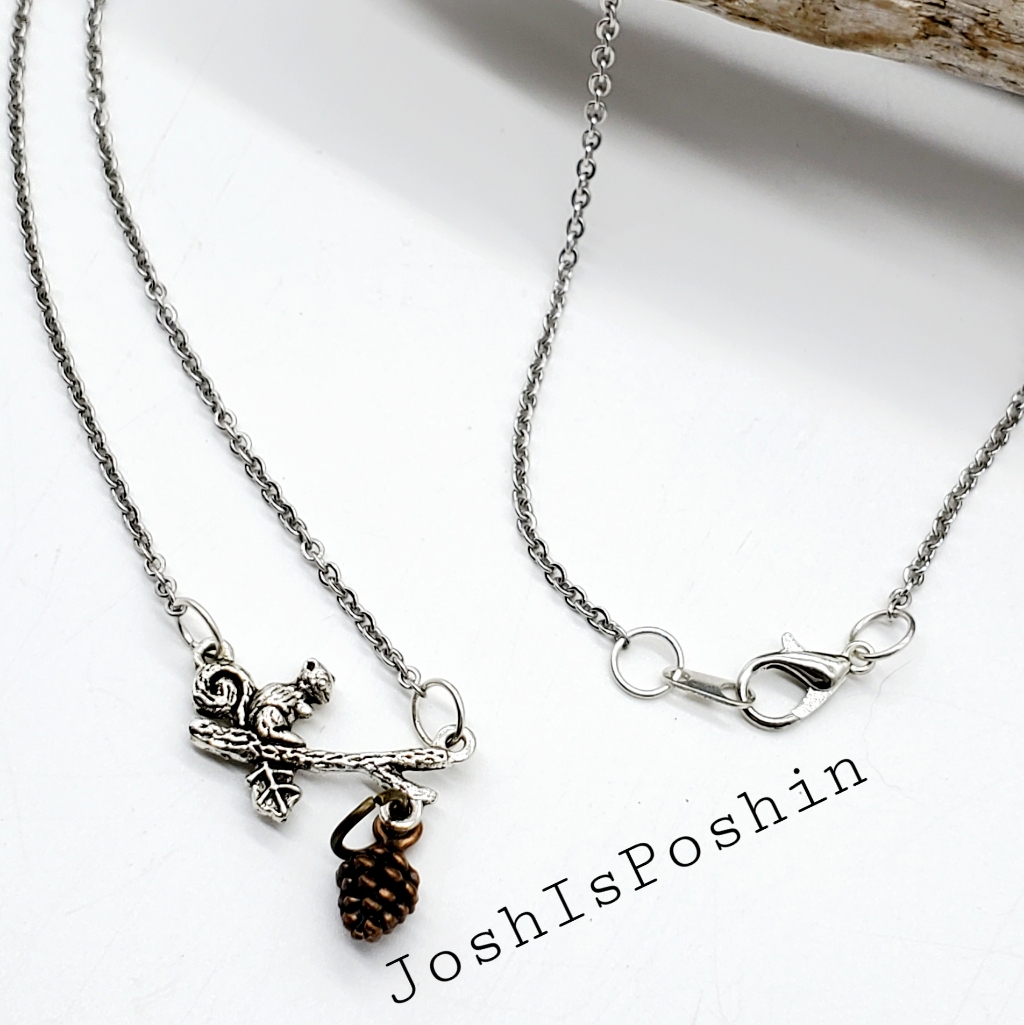 Silver Squirrel Pinecone Handmade Steel Necklace